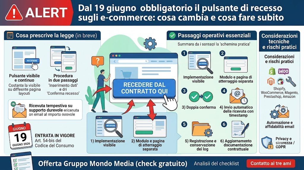 Dal 19 giugno obbligatorio il pulsante di recesso sugli e‑commerce: cosa cambia e cosa fare subito